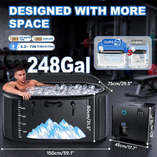 Cold Plunge Tub Designed for Recovery, 248 Gallon Capacity, 1HP Chiller System, WiFi Control