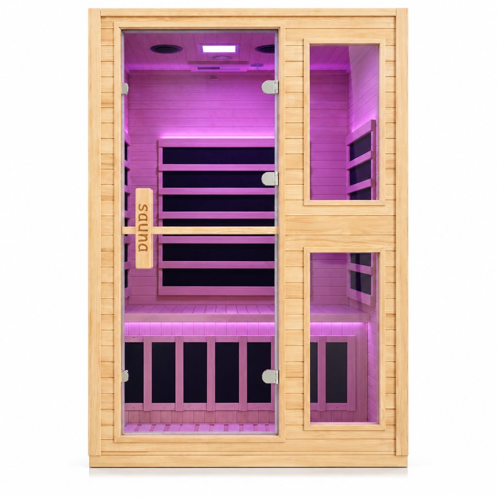2 Person Far Infrared Sauna with Smart APP Control, Canadian Hemlock Wood Indoor Sauna Room, 2000W Low EMF Fast Heating Home Dry Sauna, 7 Color Chromotherapy, Bluetooth Speakers for Relaxation